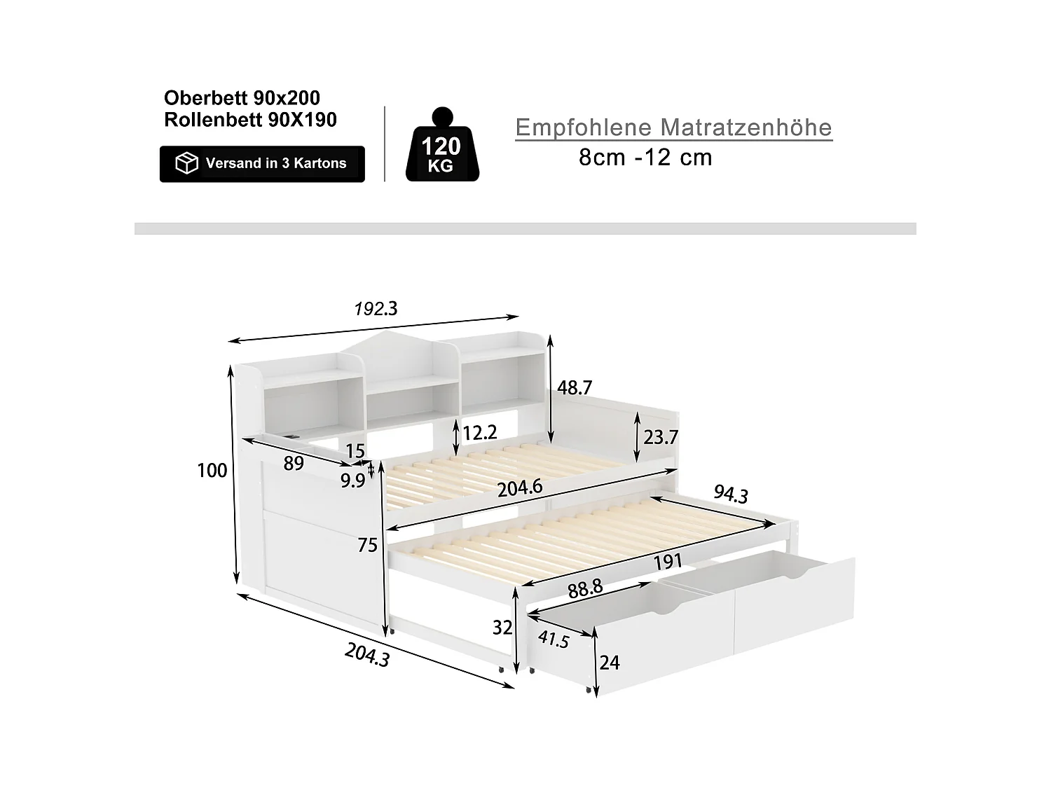 Canapé-lit 90x200 cm avec lit gigogne 90x190, 2 tiroirs, grand rangement, panier, port USB, lit simple bois blanc