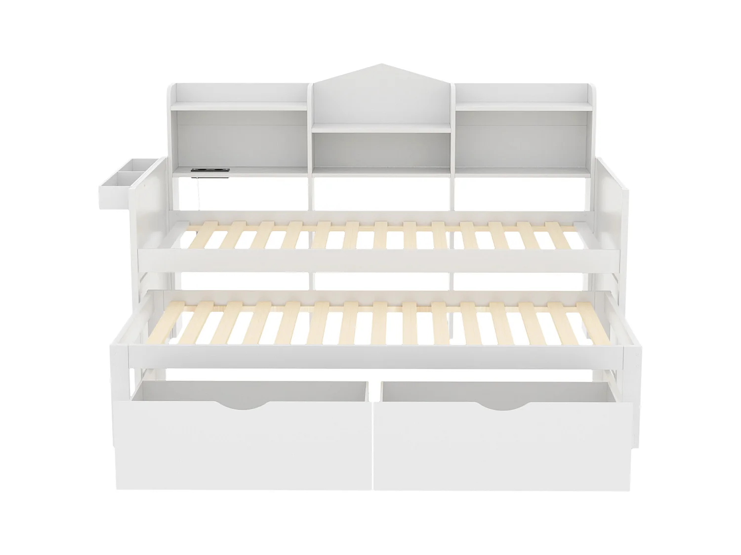 Canapé-lit 90x200 cm avec lit gigogne 90x190, 2 tiroirs, grand rangement, panier, port USB, lit simple bois blanc