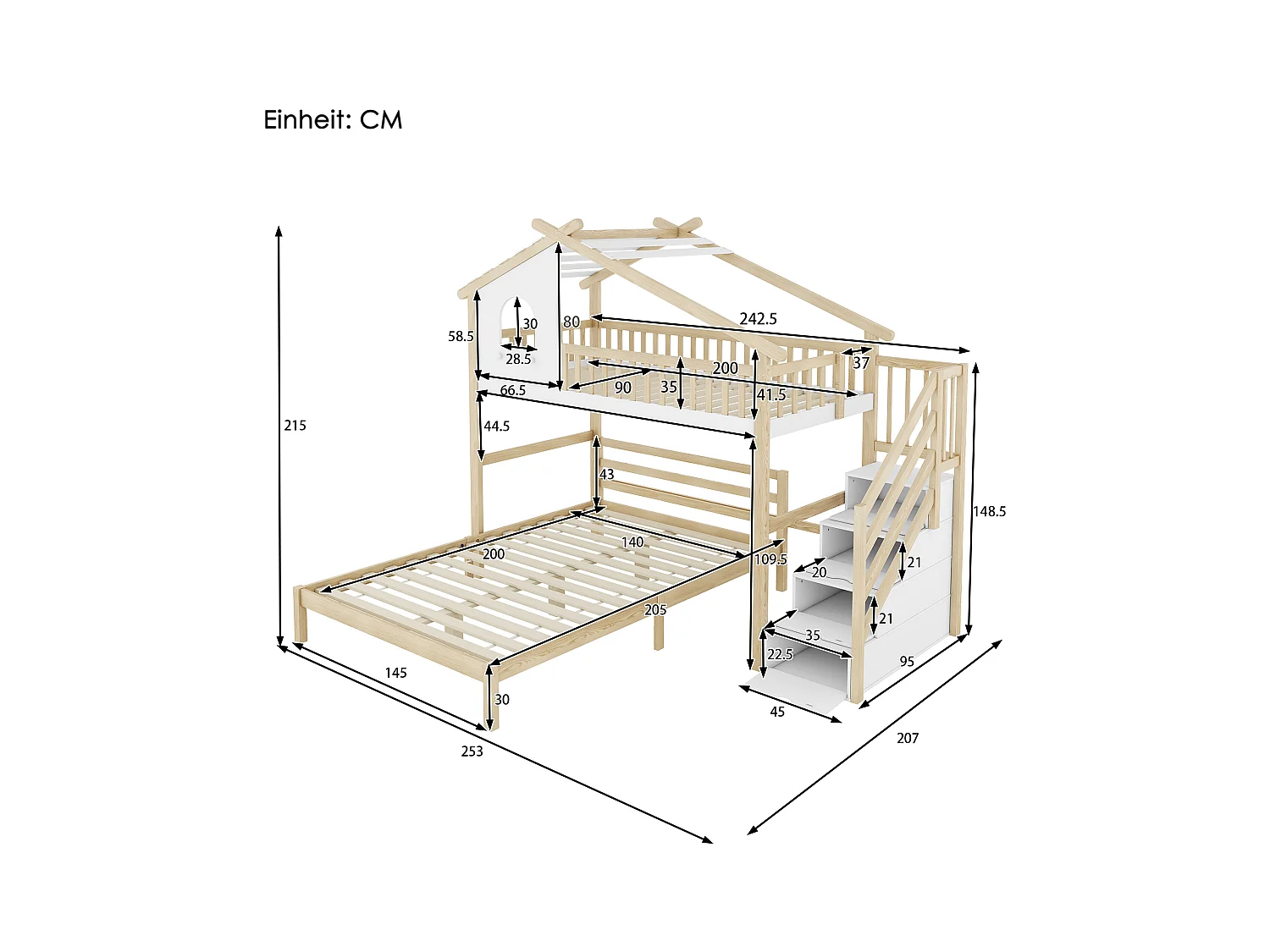 Hoogslaper 90x200 cm, spijlen, ladder met opbergruimte, raam, huisstructuur, onderbed 140x200 cm wit/natuur