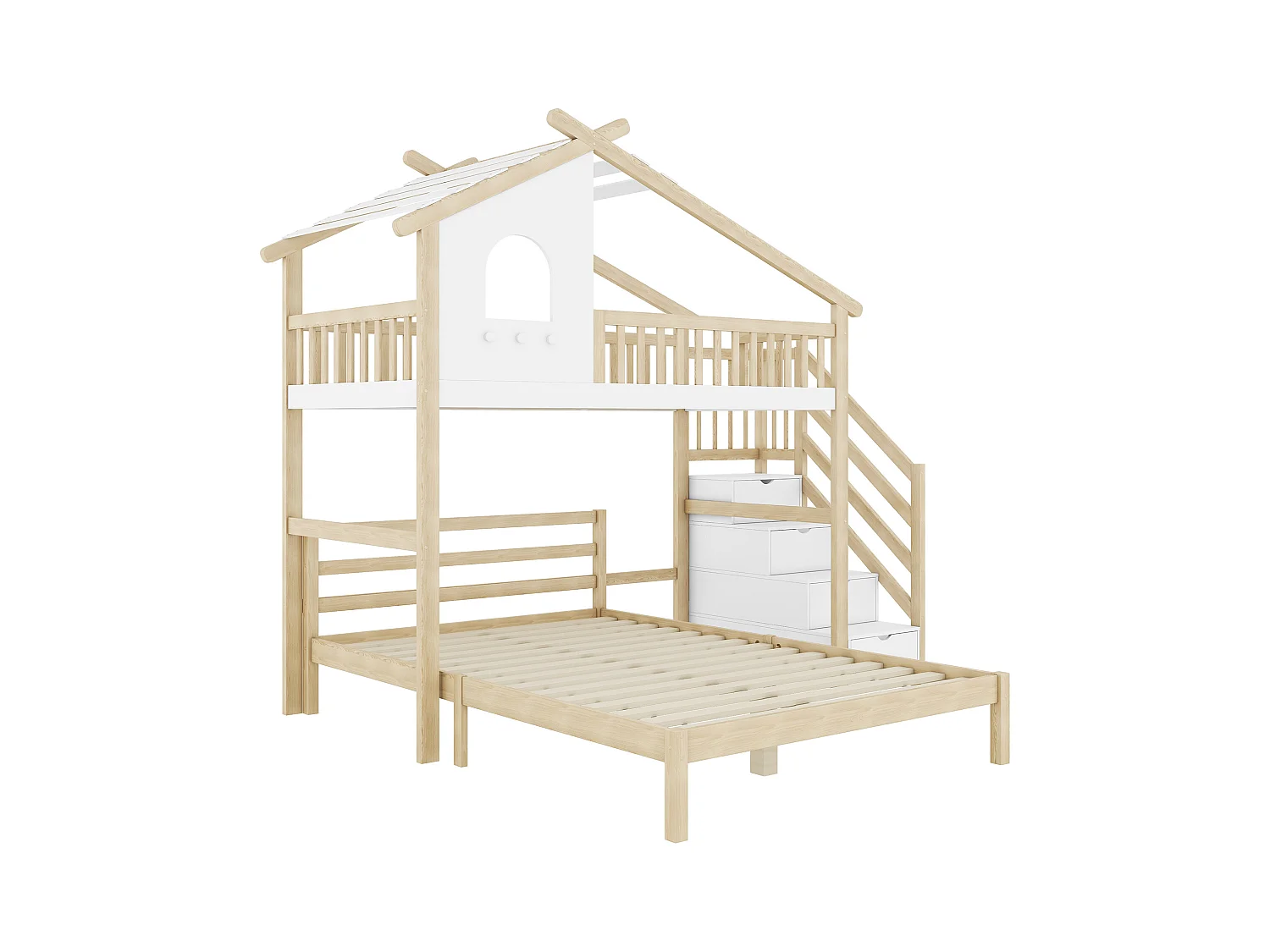 Hoogslaper 90x200 cm, spijlen, ladder met opbergruimte, raam, huisstructuur, onderbed 140x200 cm wit/natuur