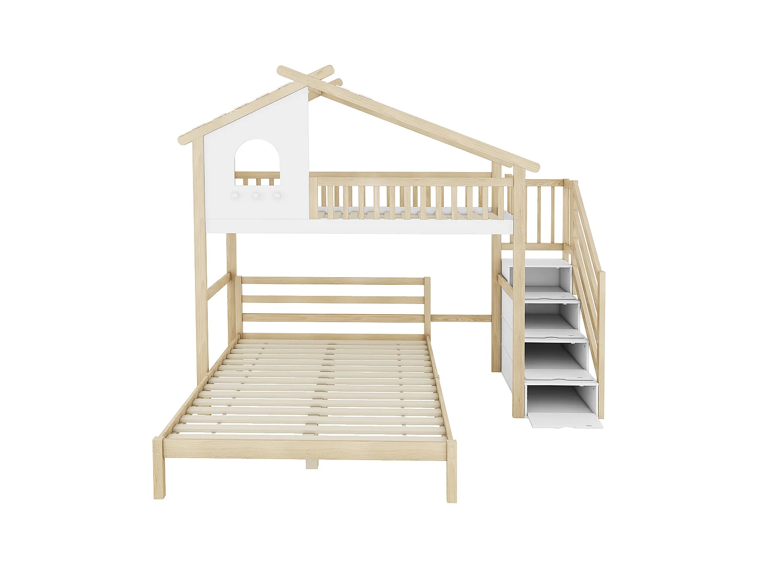 Hoogslaper 90x200 cm, spijlen, ladder met opbergruimte, raam, huisstructuur, onderbed 140x200 cm wit/natuur
