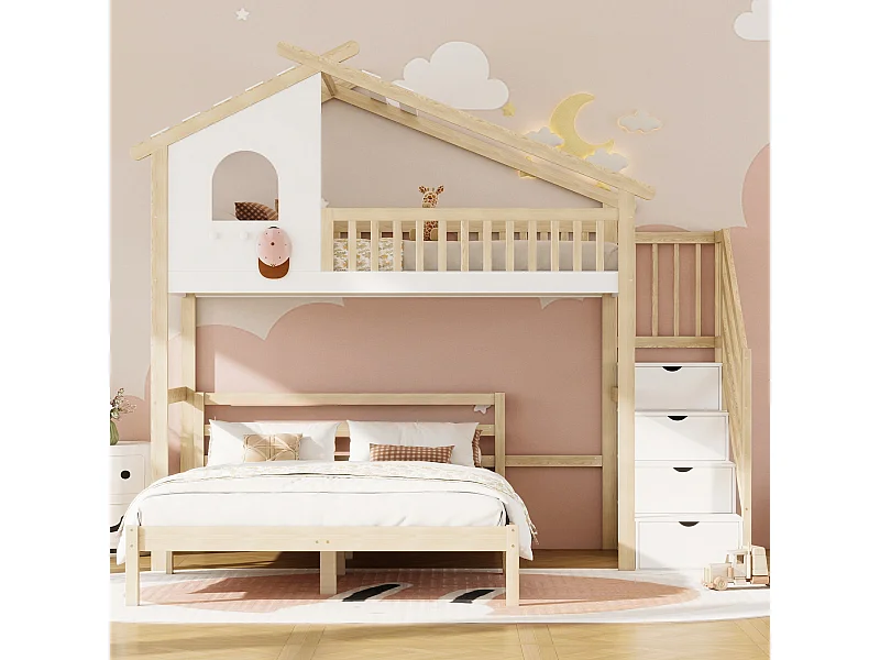 Cama alta 90x200 cm, barandillas, escalera con almacenaje, ventana, estructura de casa, cama inferior 140x200 cm blanco/natural