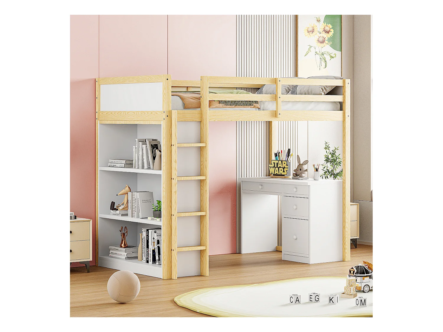 Cama alta de 90x200 cm en madera natural – Con almacenaje y escritorio multifuncional para niños