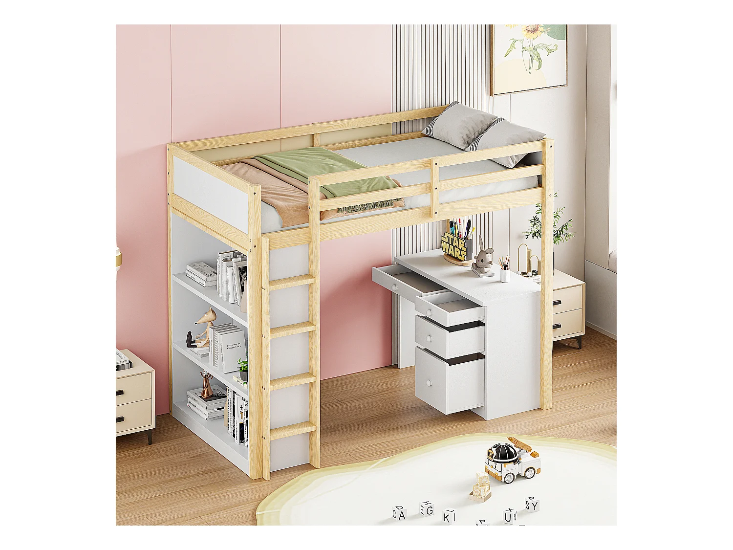 Cama alta de 90x200 cm en madera natural – Con almacenaje y escritorio multifuncional para niños