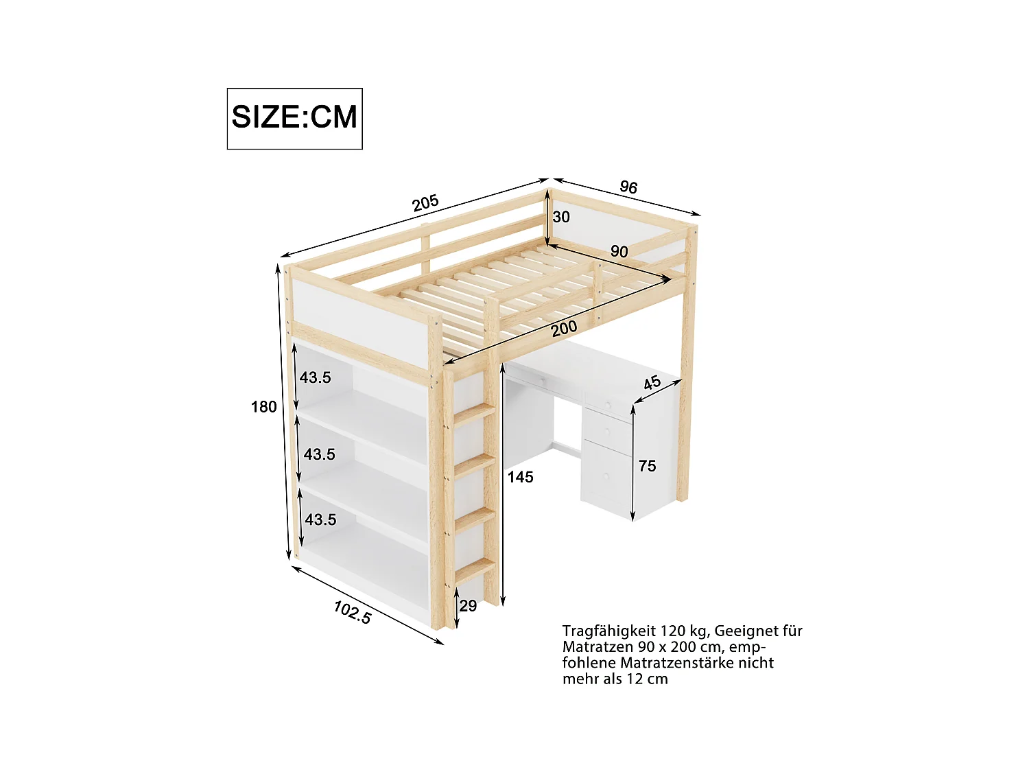 Cama alta de 90x200 cm en madera natural – Con almacenaje y escritorio multifuncional para niños