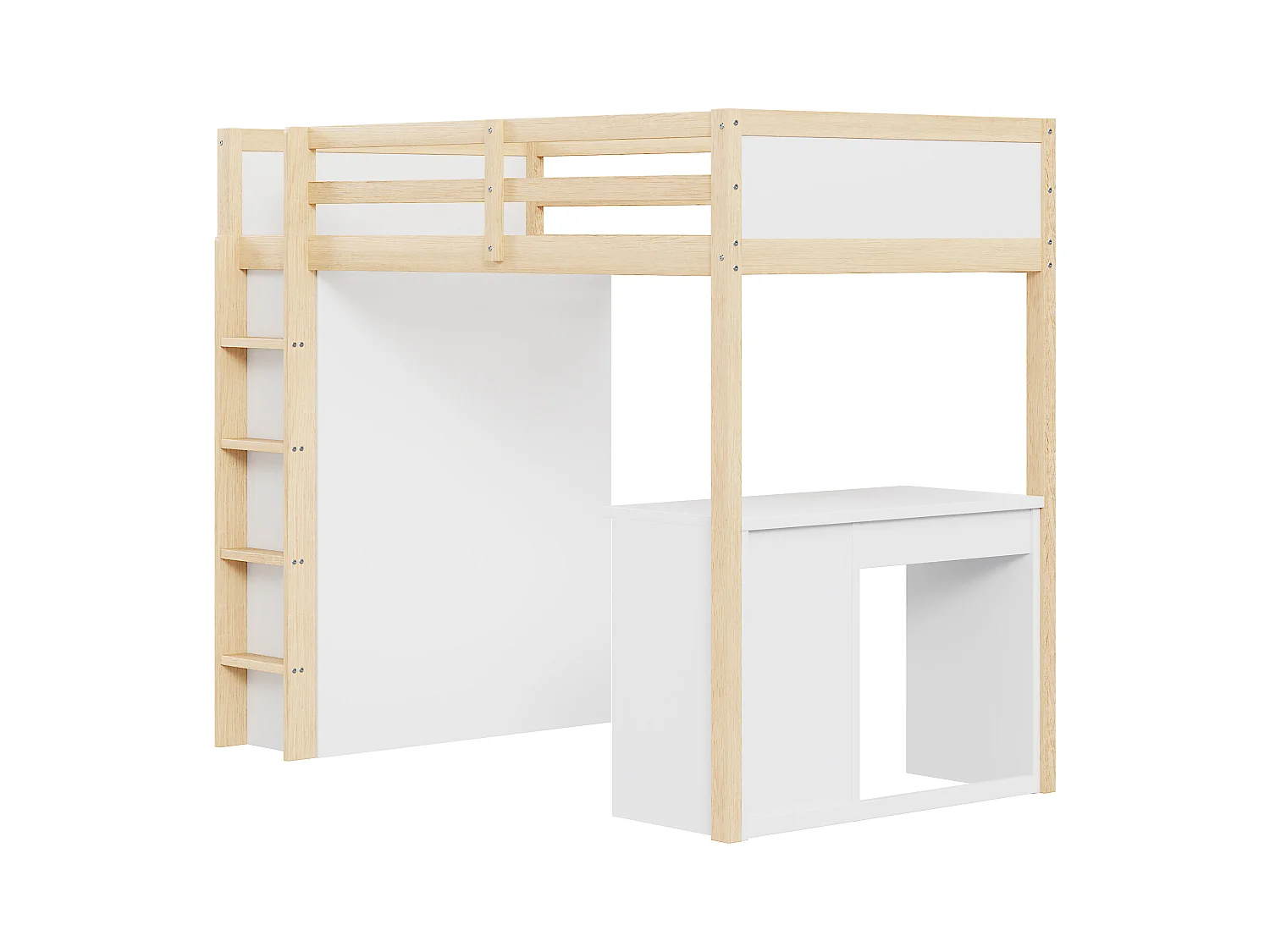 Cama alta de 90x200 cm en madera natural – Con almacenaje y escritorio multifuncional para niños