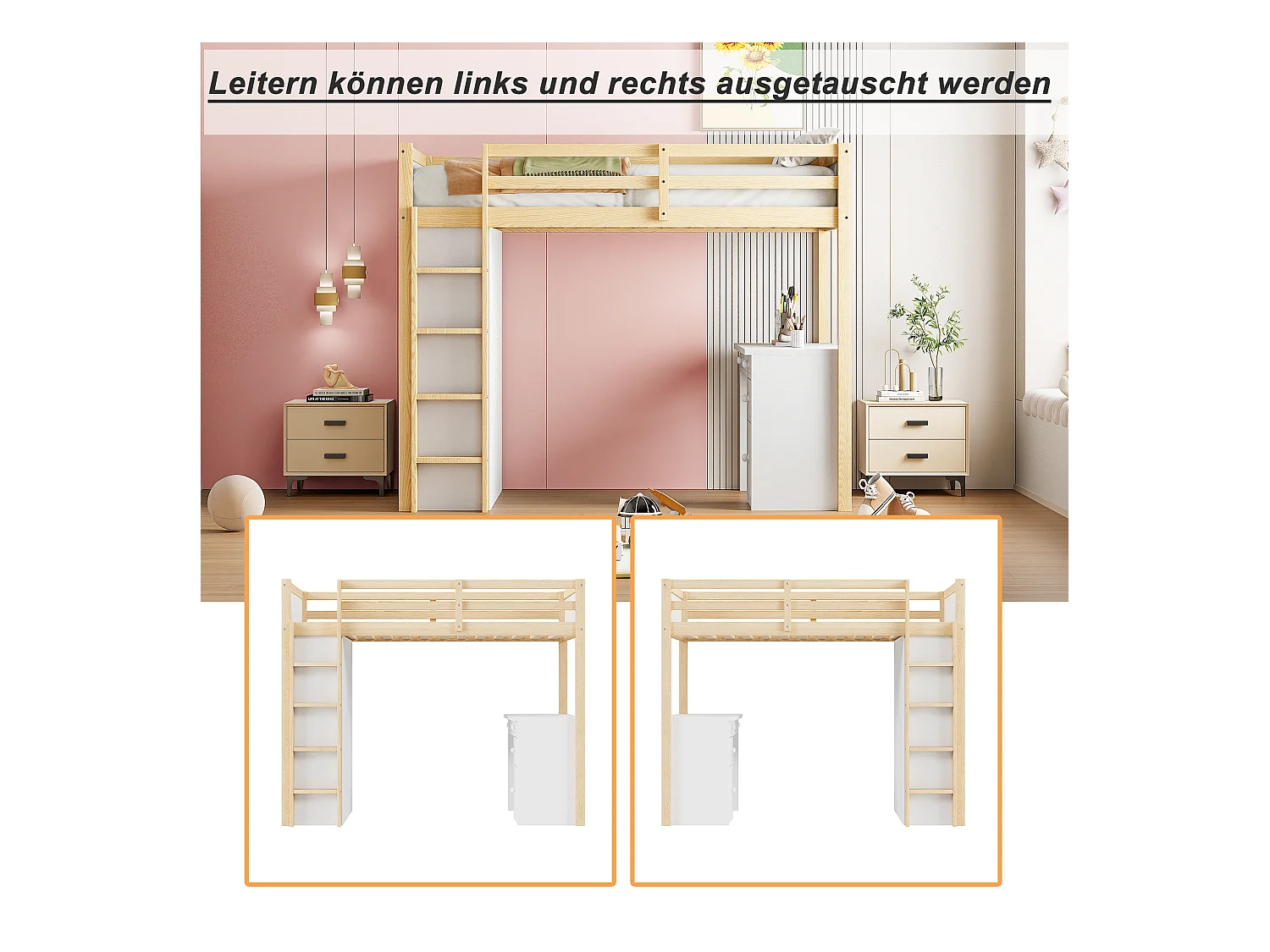 Cama alta de 90x200 cm en madera natural – Con almacenaje y escritorio multifuncional para niños