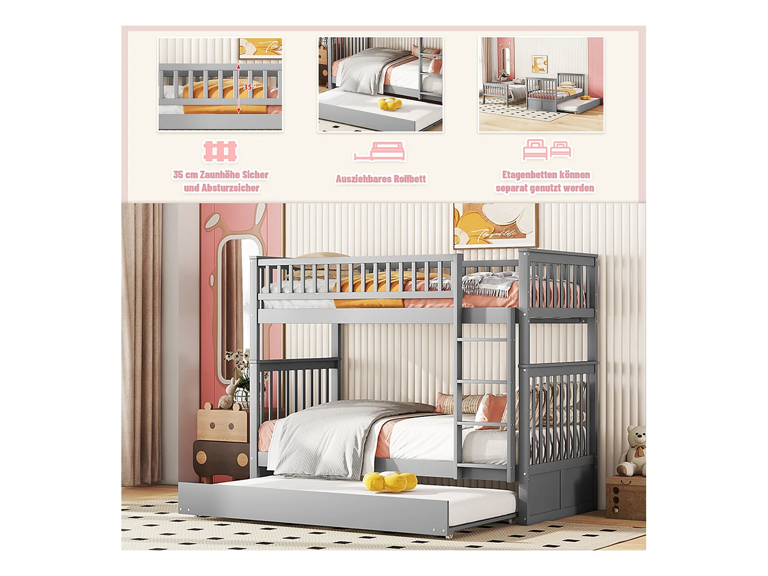 Etagenbett 90x200 cm grau – Dreibett mit Ausziehbett, hohen Sprossen und stabiler Treppe