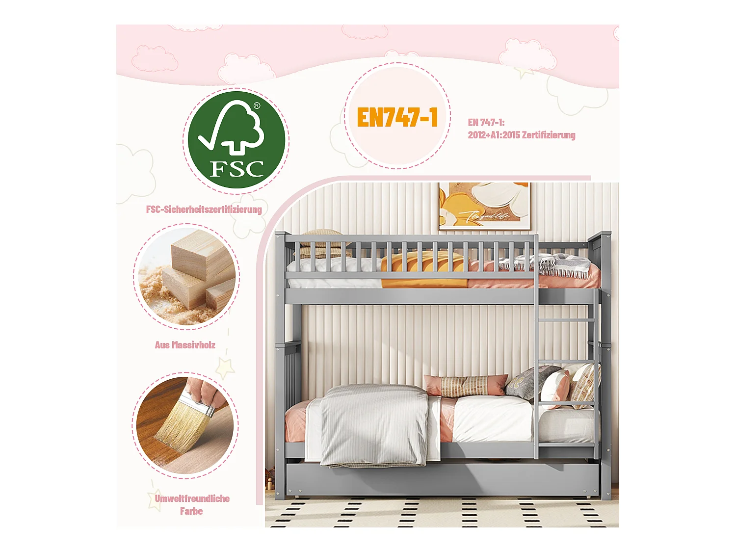 Etagenbett 90x200 cm grau – Dreibett mit Ausziehbett, hohen Sprossen und stabiler Treppe