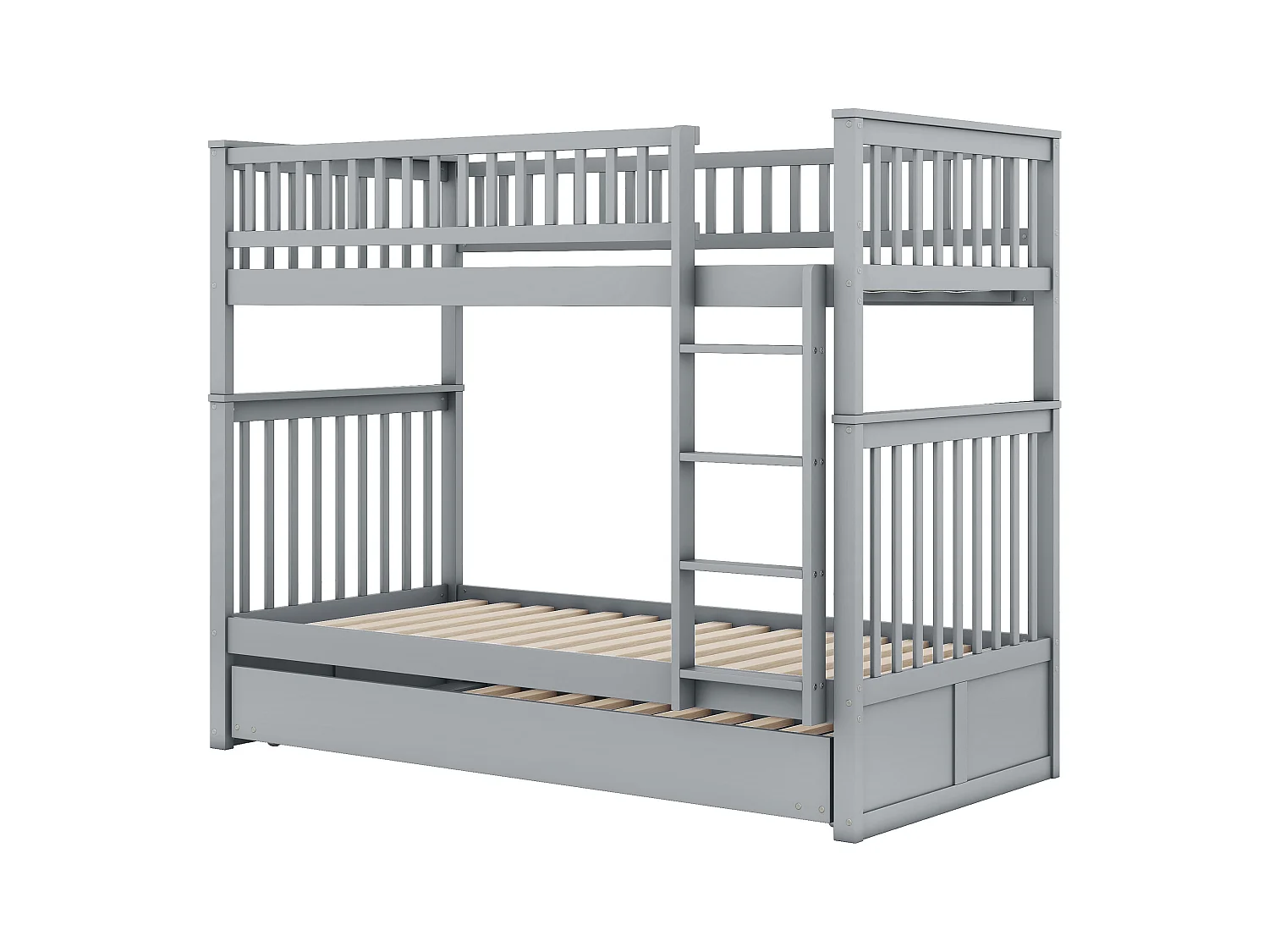 Etagenbett 90x200 cm grau – Dreibett mit Ausziehbett, hohen Sprossen und stabiler Treppe