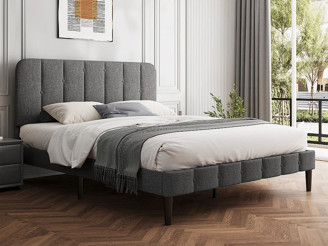 Lit 140 x 200 cm avec tête de lit capitonnée - Lit double avec tête de lit - Gris anthracite