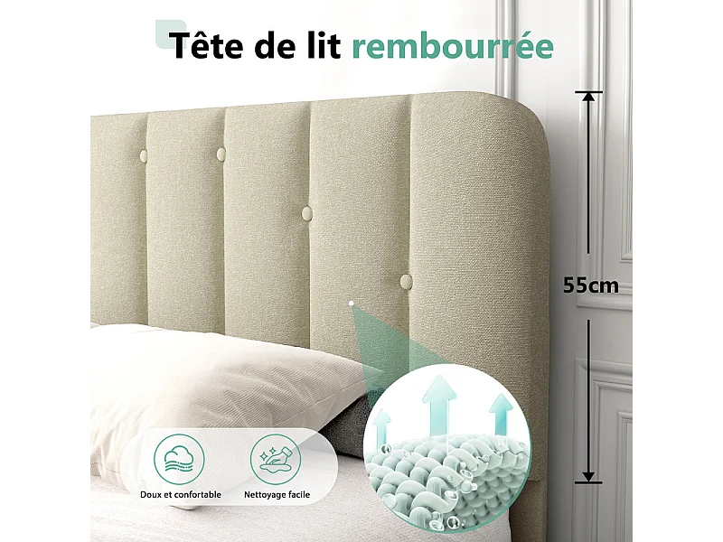 Lit 140 x 200 cm avec tête de lit capitonnée - Lit double avec tête de lit - Gris anthracite