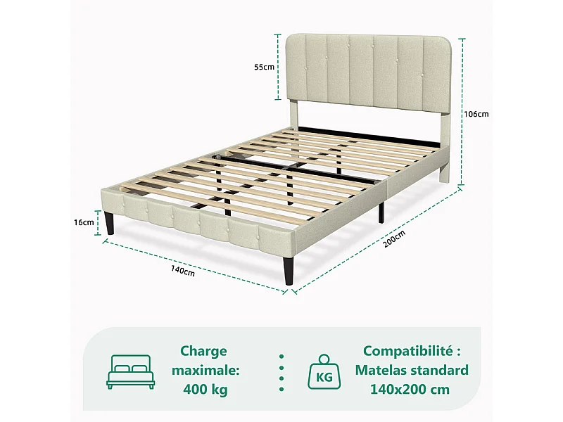 Lit 140 x 200 cm avec tête de lit capitonnée - Lit double avec tête de lit - Gris anthracite