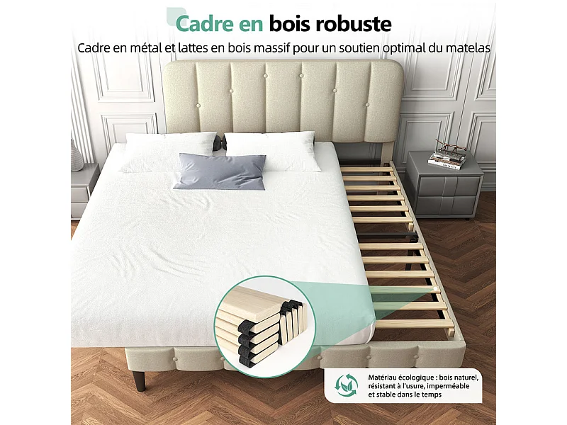 Lit 140 x 200 cm avec tête de lit capitonnée - Lit double avec tête de lit - Gris anthracite