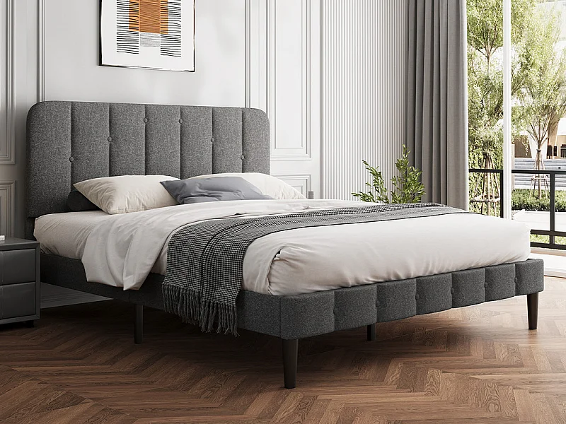 Lit 140 x 200 cm avec tête de lit capitonnée - Lit double avec tête de lit - Gris anthracite