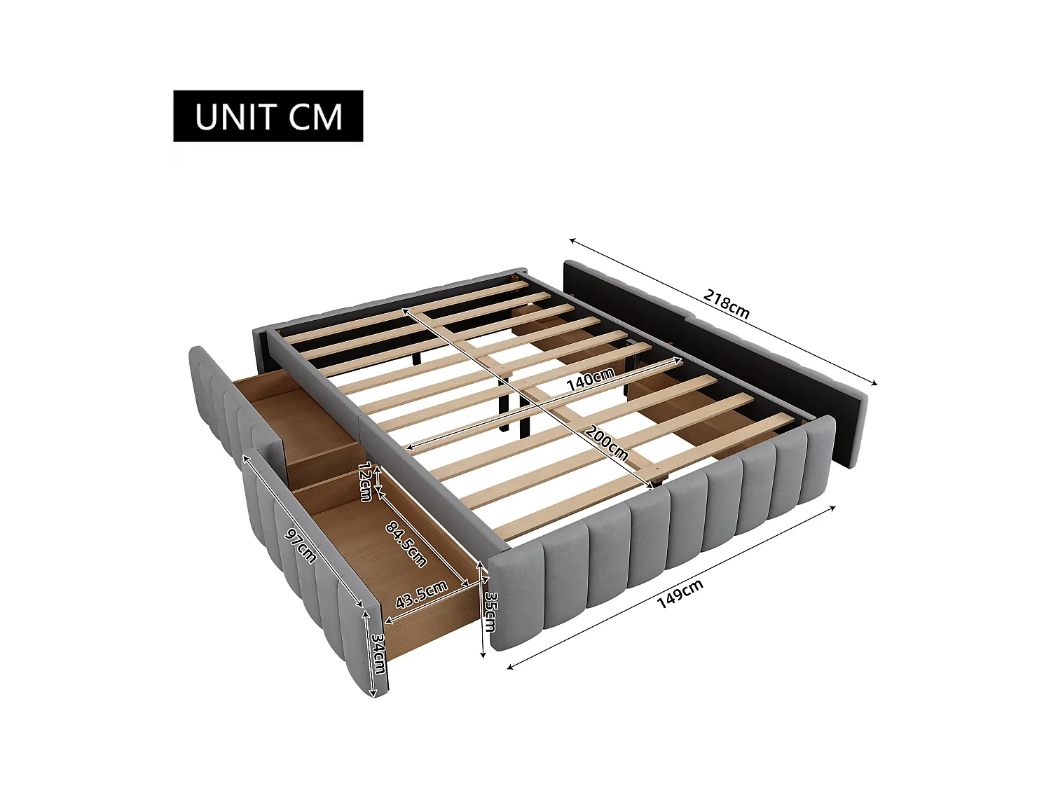 Einzel-/Doppelbett 140x200 cm grau – Minimalistischer Rahmen ohne Kopfteil, inklusive Lattenrost, ohne Matratze