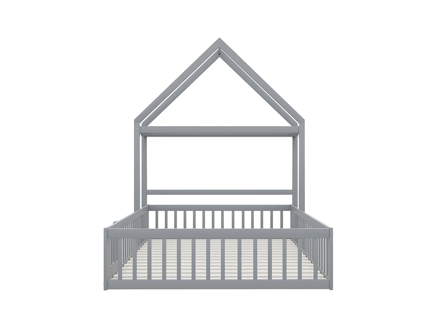 Kinderbed 140x200 cm in massief grijs hout, met opbergruimte, volledige spijlen, deuren en lattenbodem