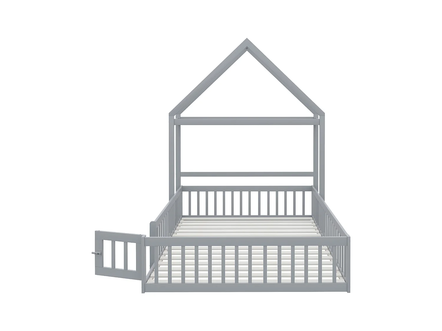 Kinderbed 140x200 cm in massief grijs hout, met opbergruimte, volledige spijlen, deuren en lattenbodem