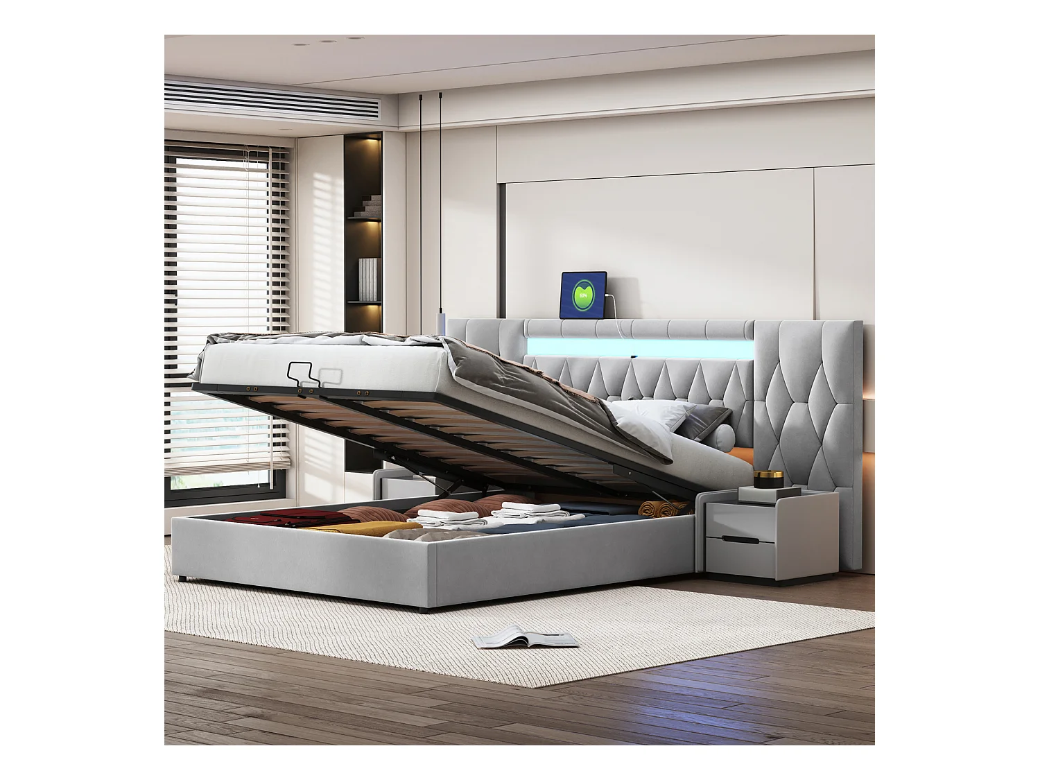 Lit élégant 160x200 cm en velours gris – Lit coffre avec grande tête de lit, éclairage LED et ports USB