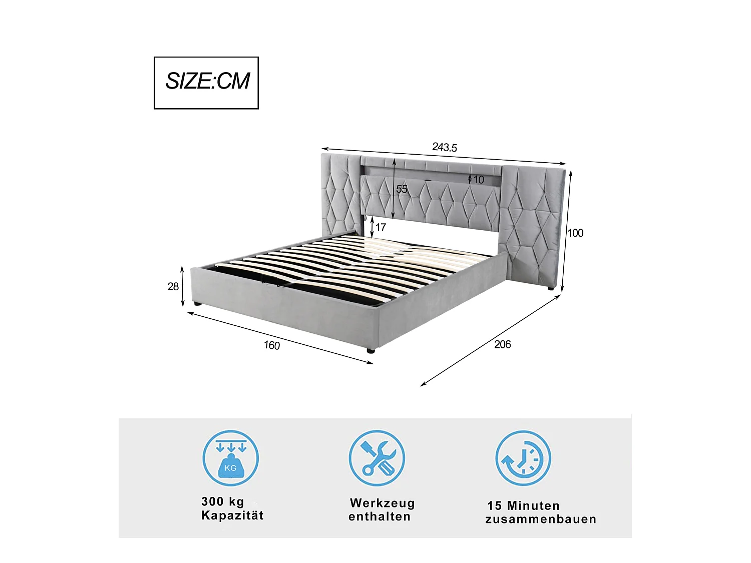 Lit élégant 160x200 cm en velours gris – Lit coffre avec grande tête de lit, éclairage LED et ports USB