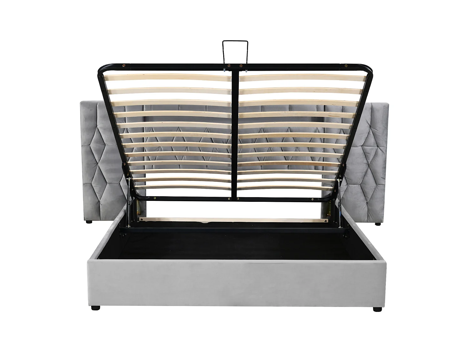 Lit élégant 160x200 cm en velours gris – Lit coffre avec grande tête de lit, éclairage LED et ports USB