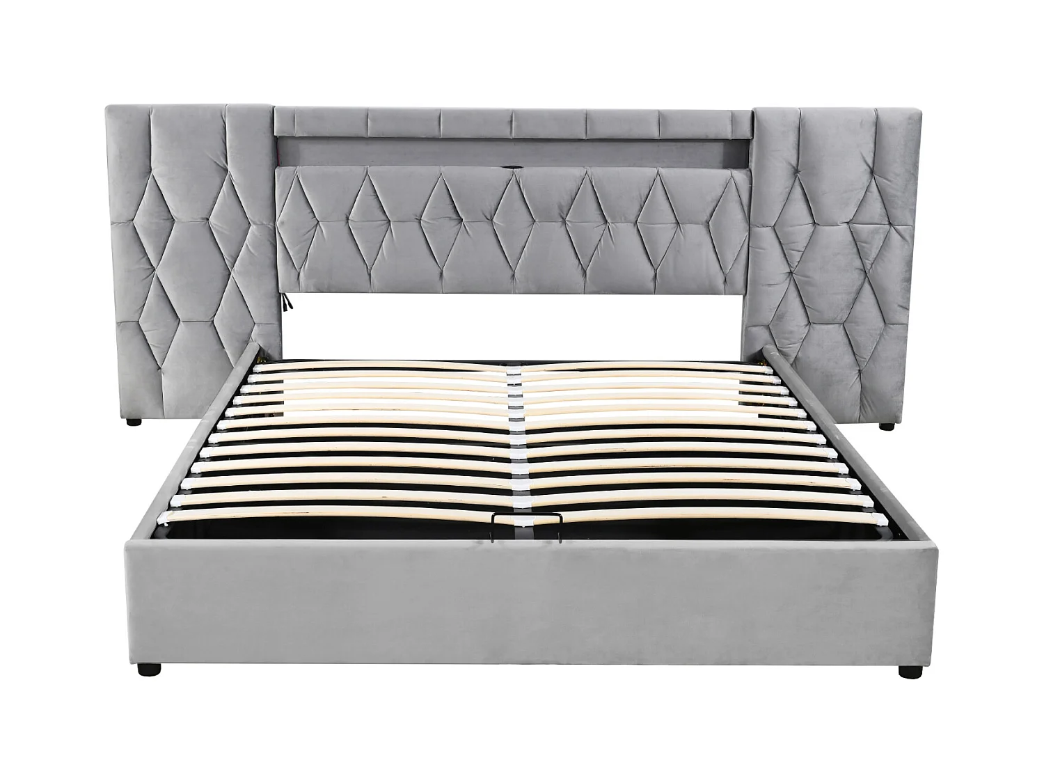 Lit élégant 160x200 cm en velours gris – Lit coffre avec grande tête de lit, éclairage LED et ports USB