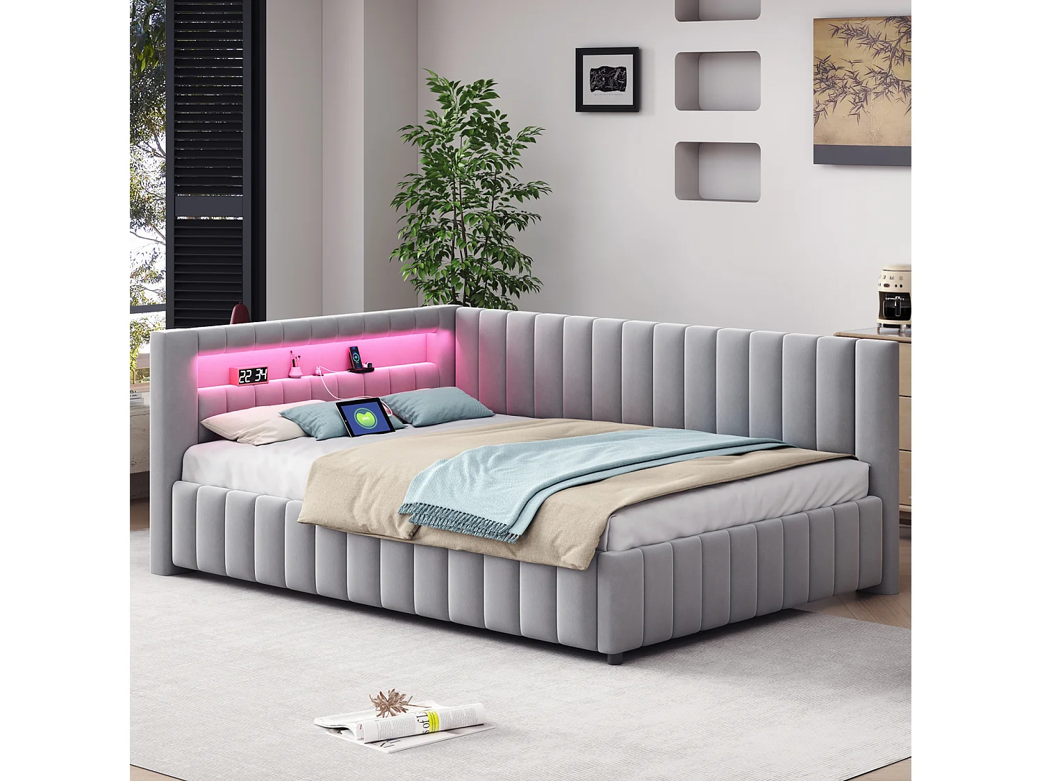 Canapé-lit 140x200 cm en velours gris – LED, port USB, dossier, tête de lit et cadre robuste