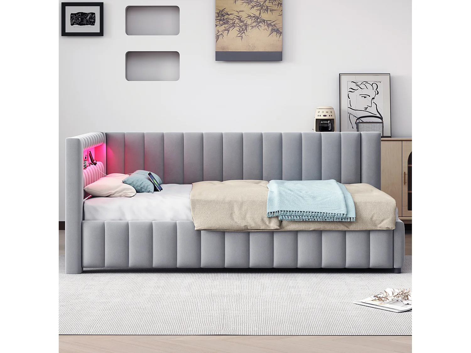 Canapé-lit 140x200 cm en velours gris – LED, port USB, dossier, tête de lit et cadre robuste