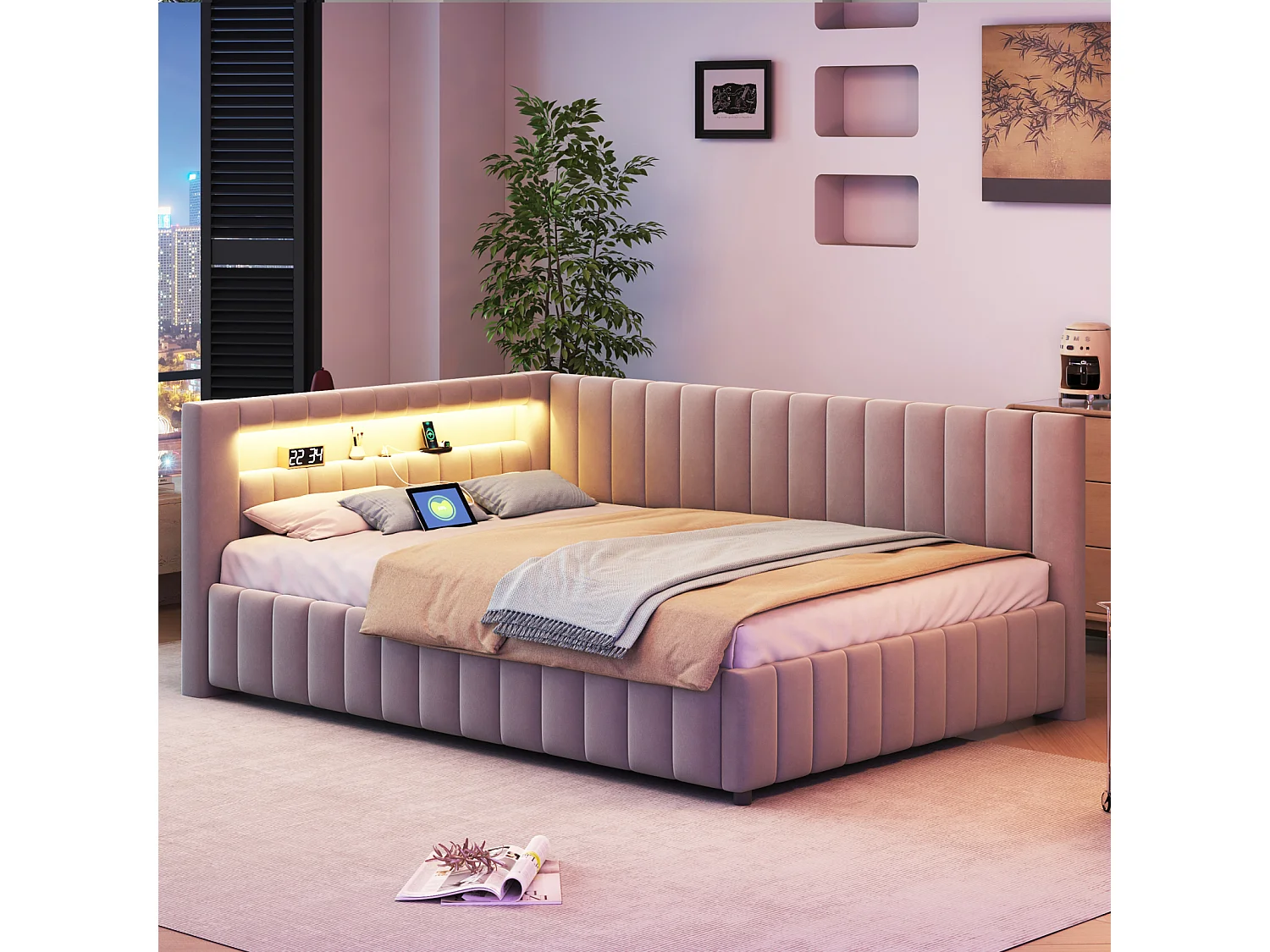 Canapé-lit 140x200 cm en velours gris – LED, port USB, dossier, tête de lit et cadre robuste
