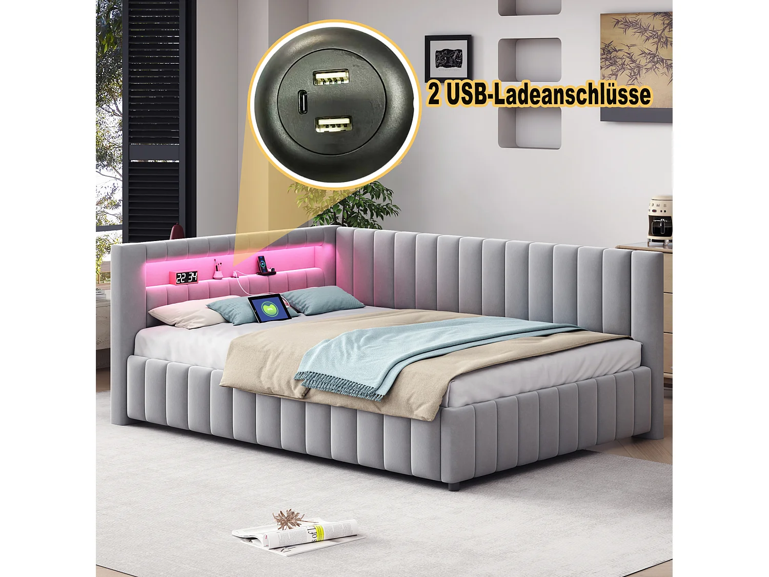 Canapé-lit 140x200 cm en velours gris – LED, port USB, dossier, tête de lit et cadre robuste