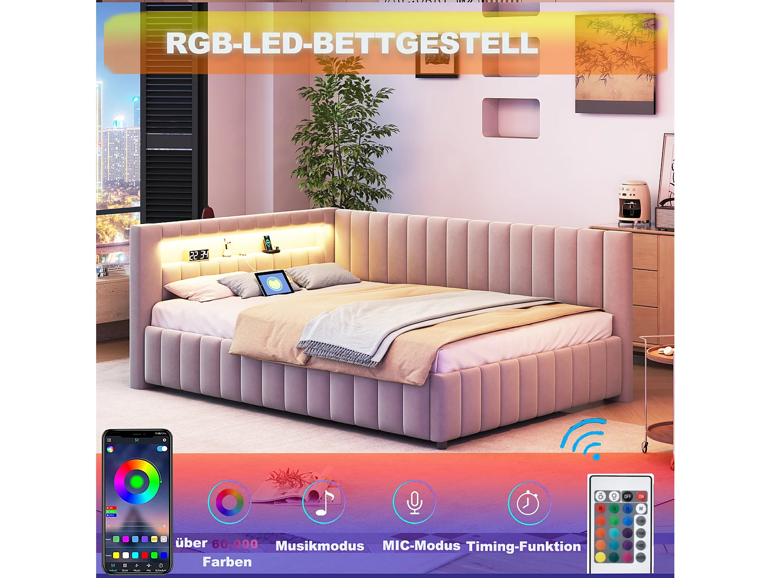 Canapé-lit 140x200 cm en velours gris – LED, port USB, dossier, tête de lit et cadre robuste