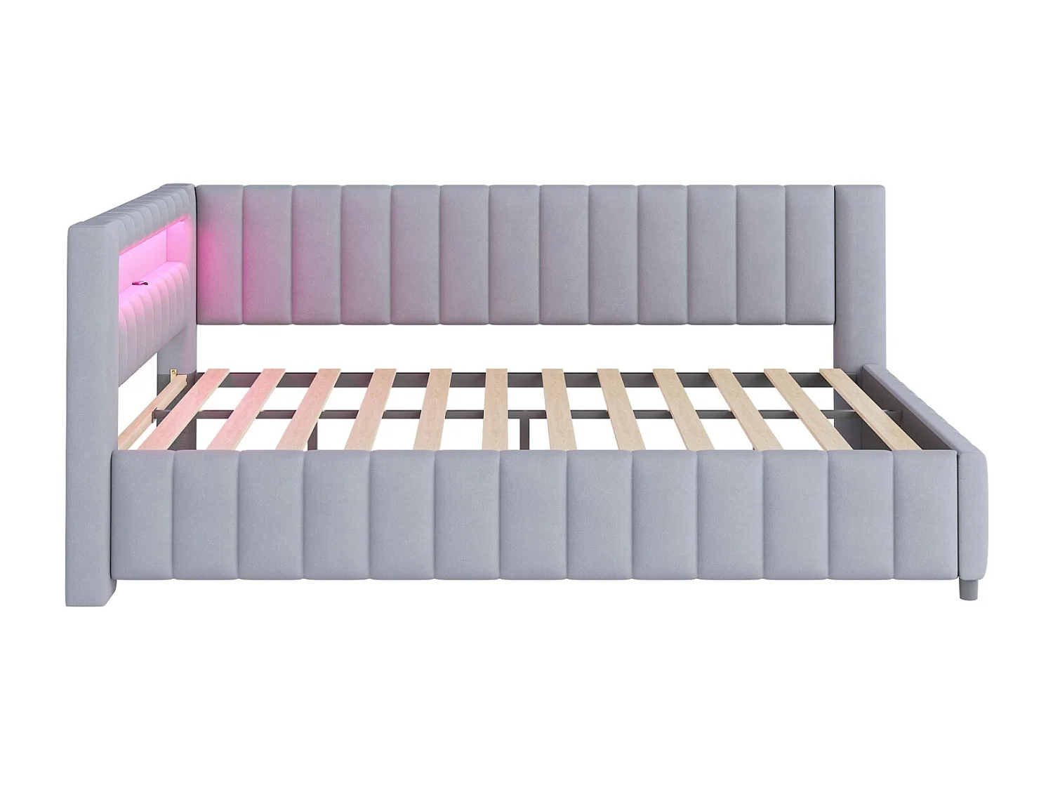 Canapé-lit 140x200 cm en velours gris – LED, port USB, dossier, tête de lit et cadre robuste