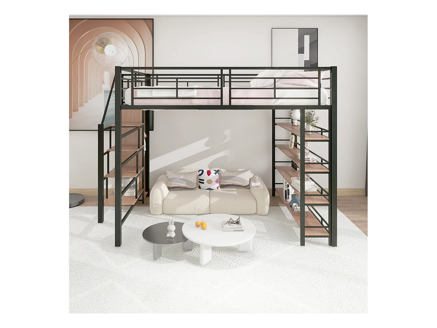 140 x 200 cm schwarzes Hochbett – Sicherheitsleiter, Stauraum, kleiner Kleiderschrank, Regale, hohe Schienen