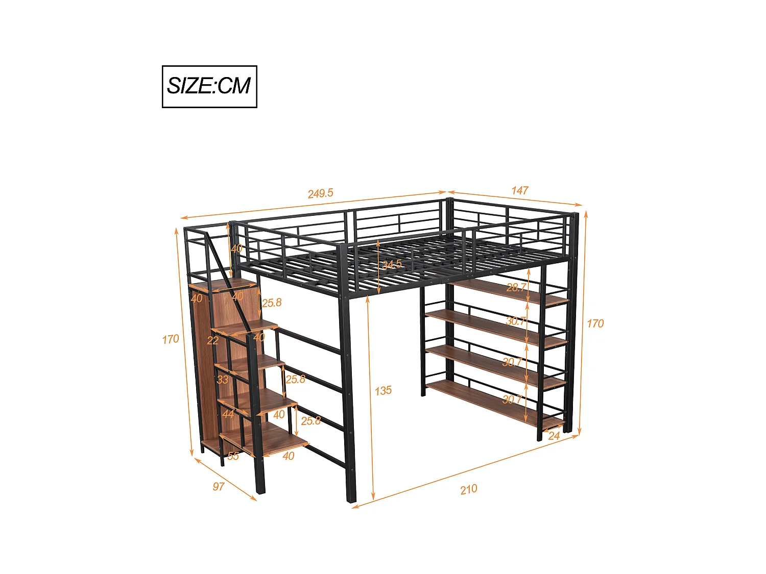 140 x 200 cm schwarzes Hochbett – Sicherheitsleiter, Stauraum, kleiner Kleiderschrank, Regale, hohe Schienen