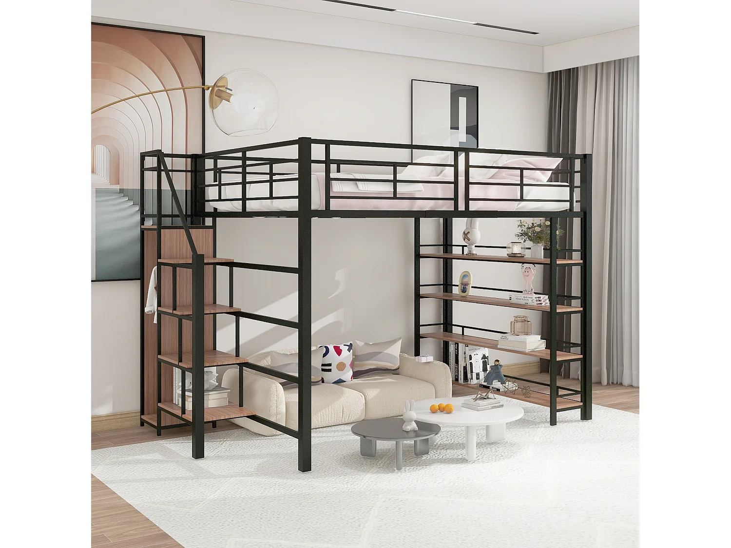 Lit mezzanine 140x200 cm noir – Échelle de sécurité, rangement, petite armoire, étagères, barrières hautes