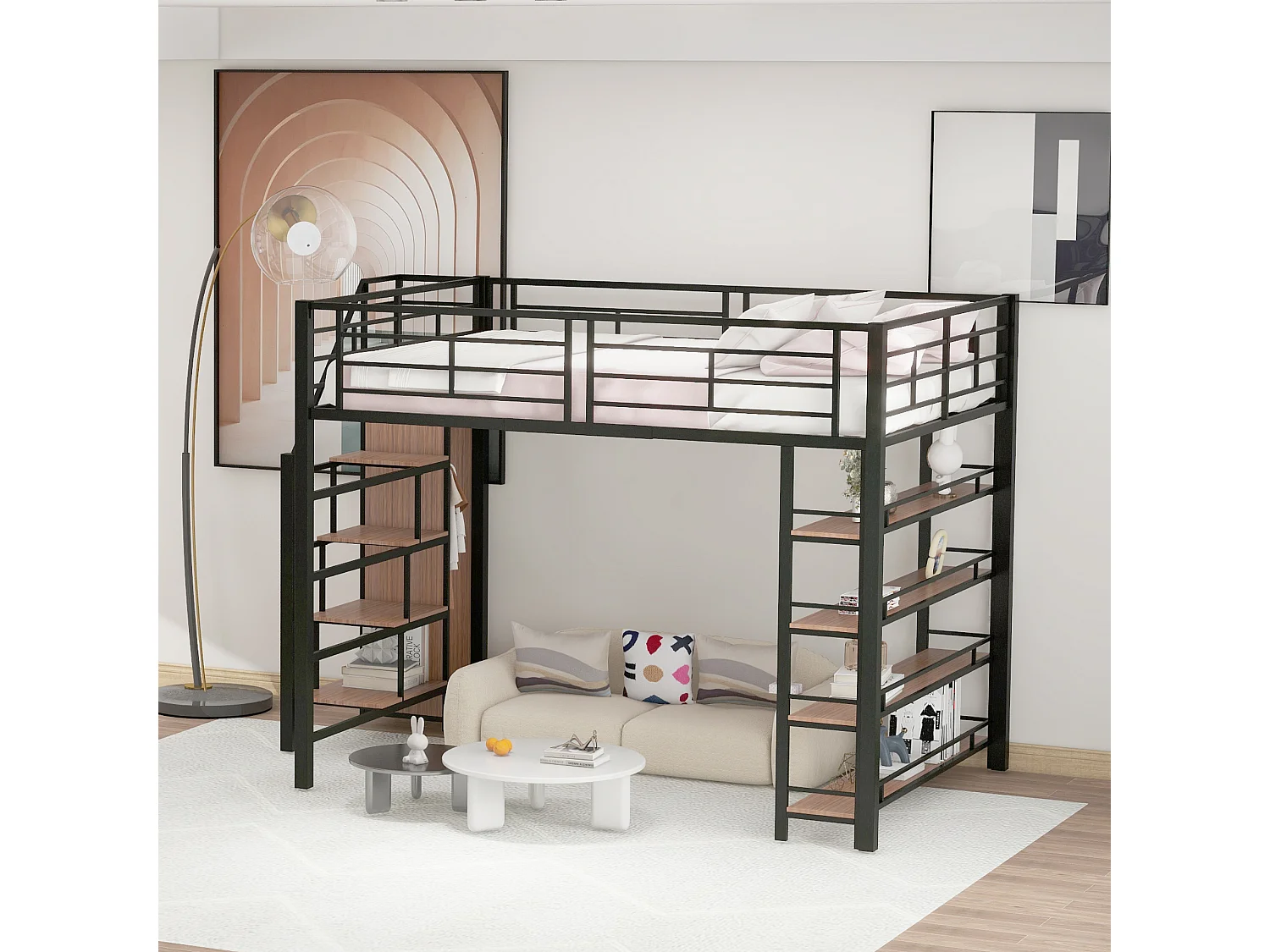 Lit mezzanine 140x200 cm noir – Échelle de sécurité, rangement, petite armoire, étagères, barrières hautes