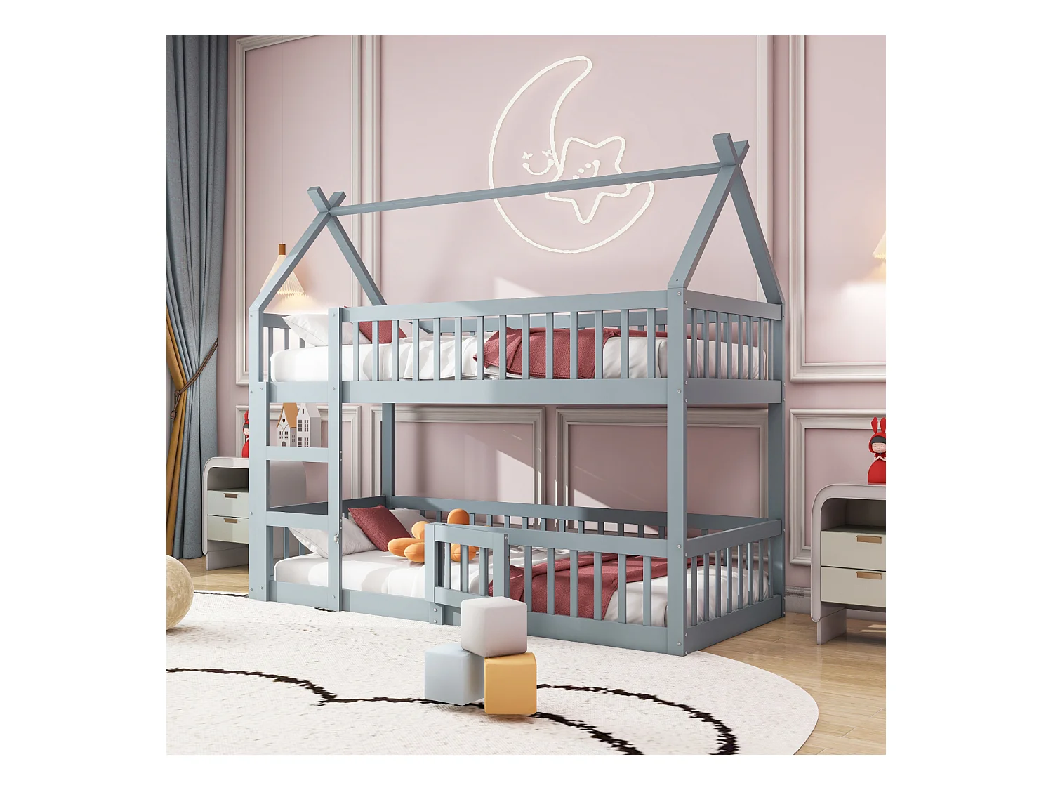 Familien-Etagenbett 90x200 cm in Massivholz grau - Mit Treppe, Loft-Design für Kinder