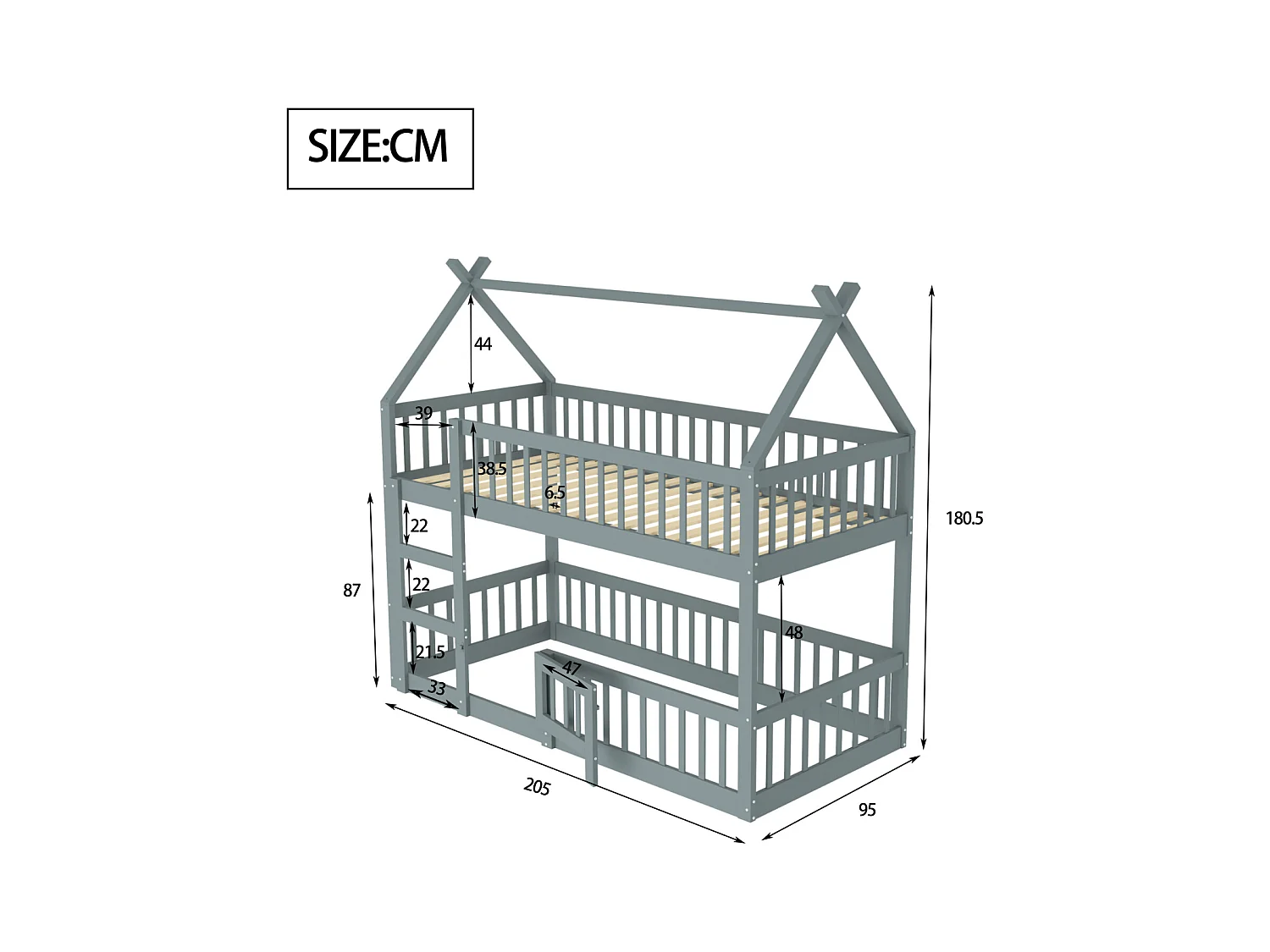 Familien-Etagenbett 90x200 cm in Massivholz grau - Mit Treppe, Loft-Design für Kinder
