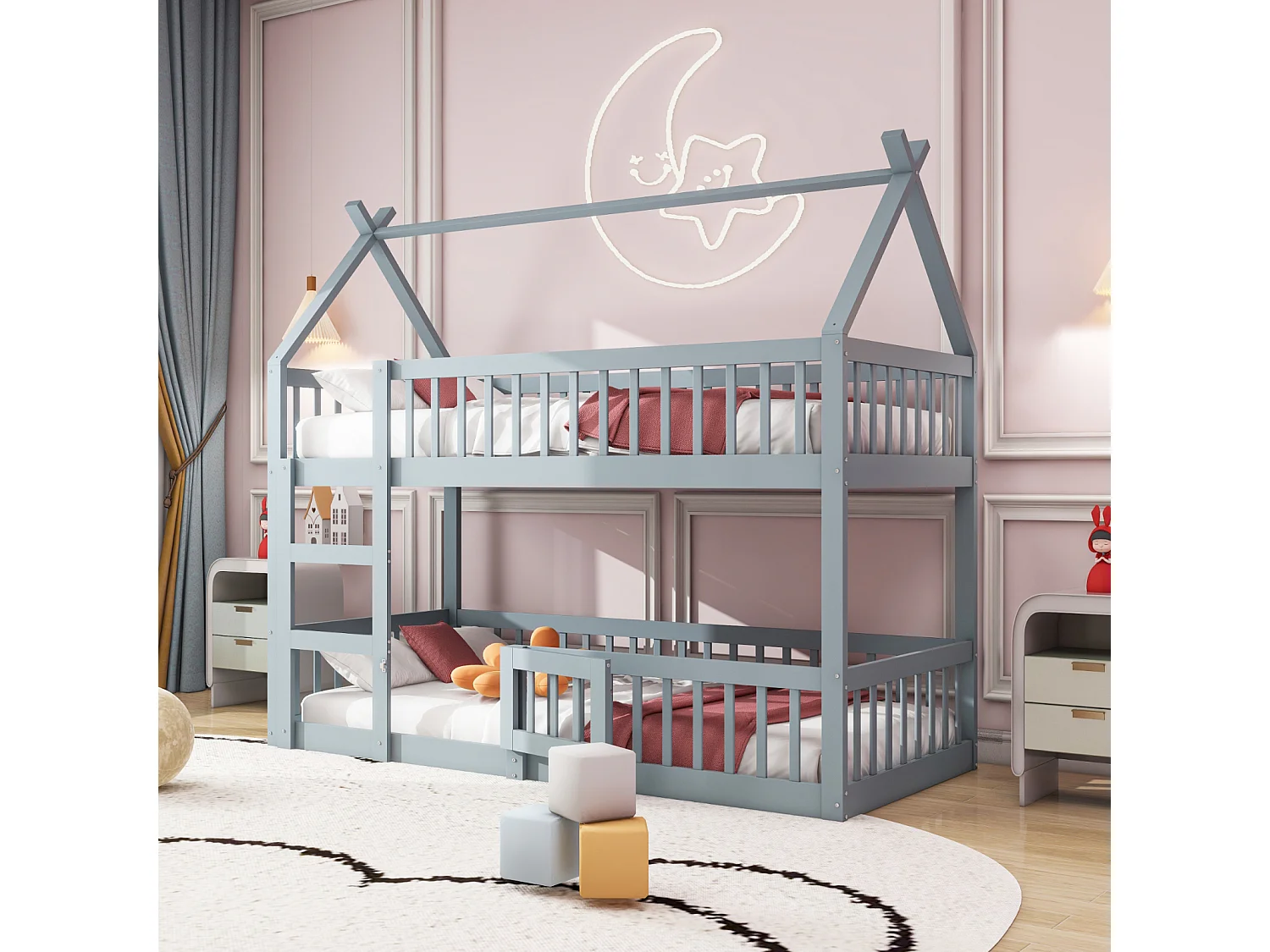 Beliche familiar 90x200 cm em madeira maciça cinza - Com escadas, design loft para crianças