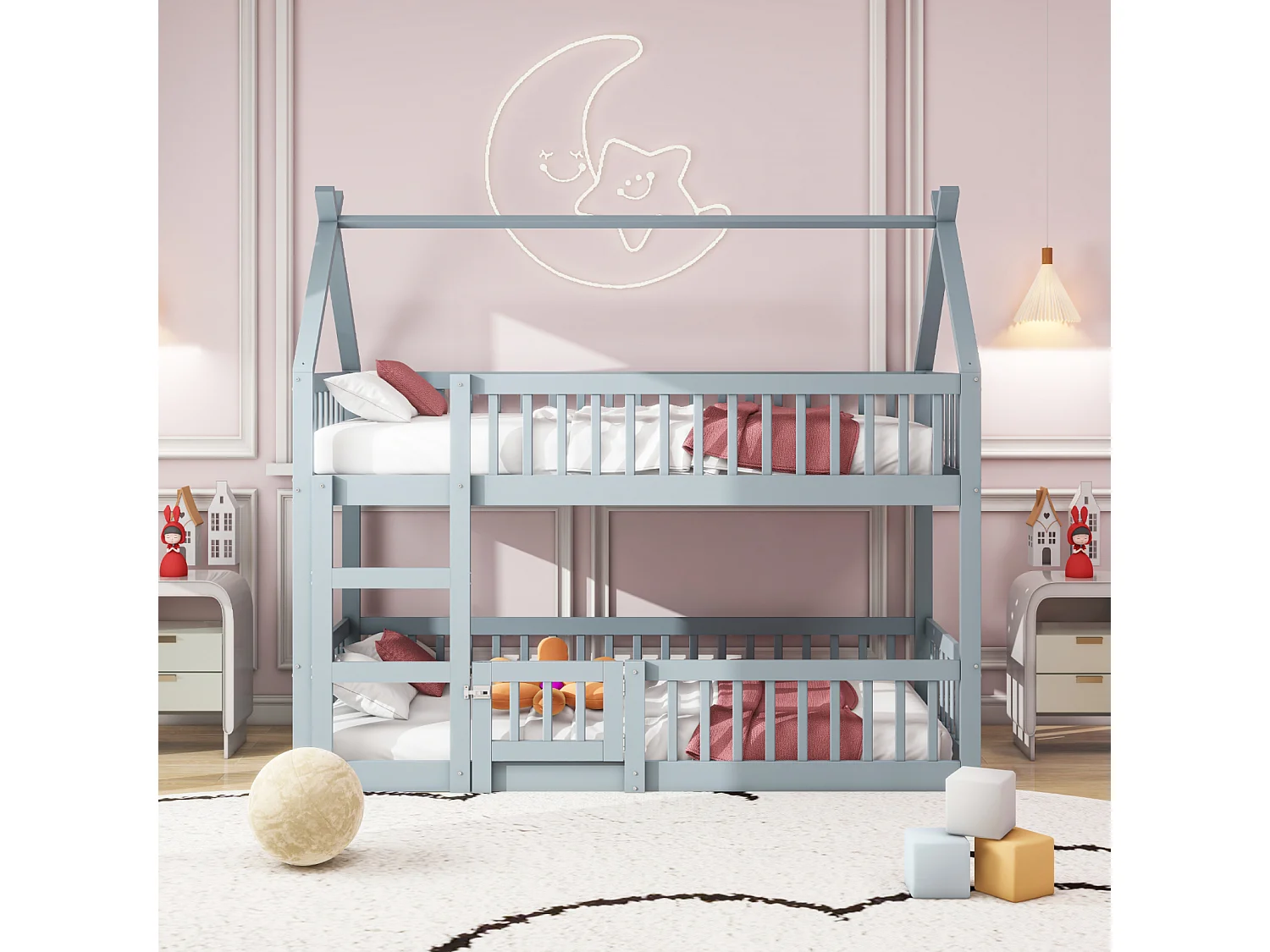 Beliche familiar 90x200 cm em madeira maciça cinza - Com escadas, design loft para crianças