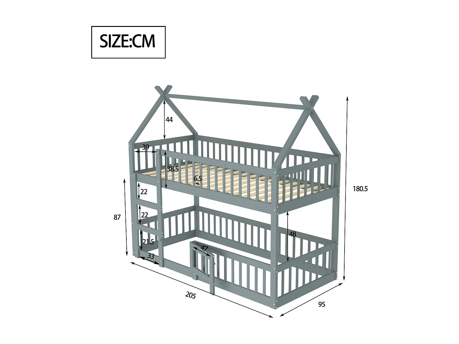 Beliche familiar 90x200 cm em madeira maciça cinza - Com escadas, design loft para crianças