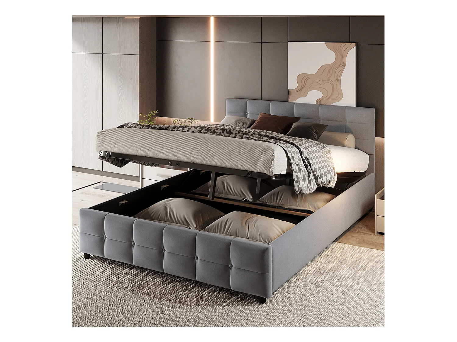 Cama de solteiro com armazenamento 180x200 cm, estrado de ripas, veludo holandês cinza, mecanismo hidráulico