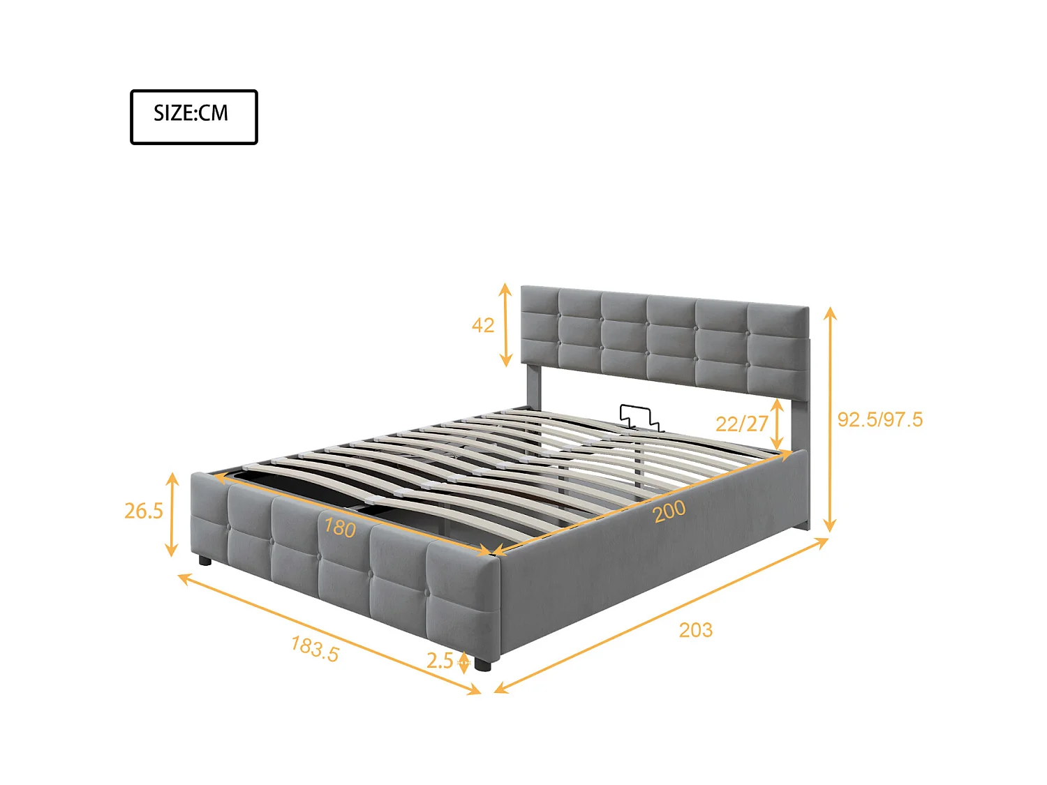 Cama de solteiro com armazenamento 180x200 cm, estrado de ripas, veludo holandês cinza, mecanismo hidráulico