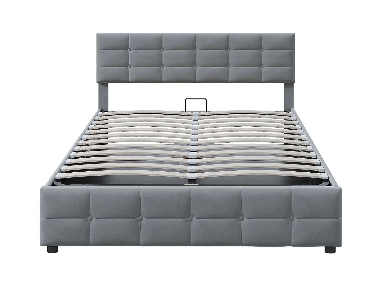 Cama de solteiro com armazenamento 180x200 cm, estrado de ripas, veludo holandês cinza, mecanismo hidráulico