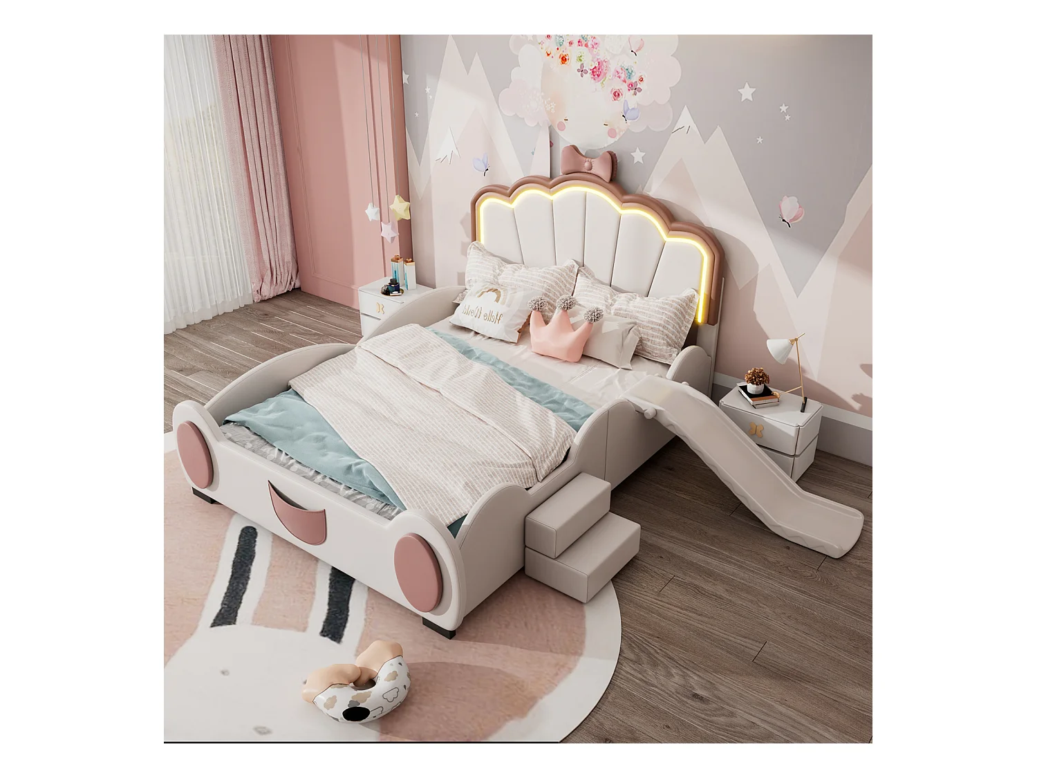Lit enfant 140x200 cm papillon rose/blanc – LED multicolore avec télécommande, toboggan, échelle, PU