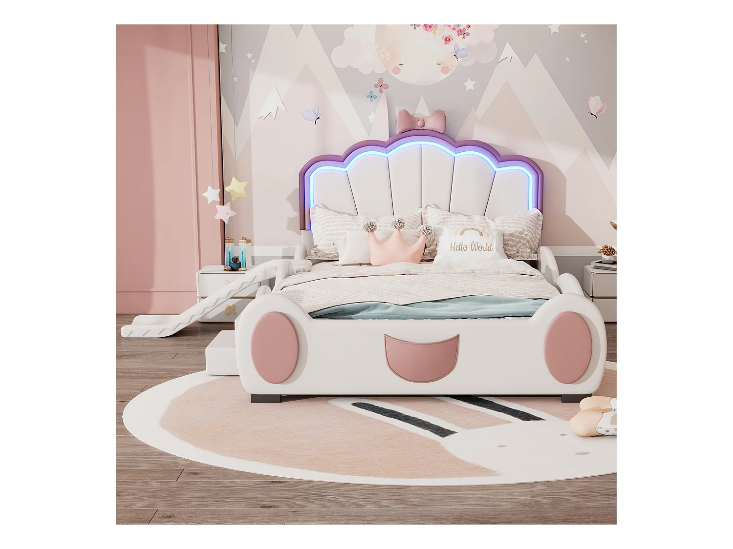 Lit enfant 140x200 cm papillon rose/blanc – LED multicolore avec télécommande, toboggan, échelle, PU