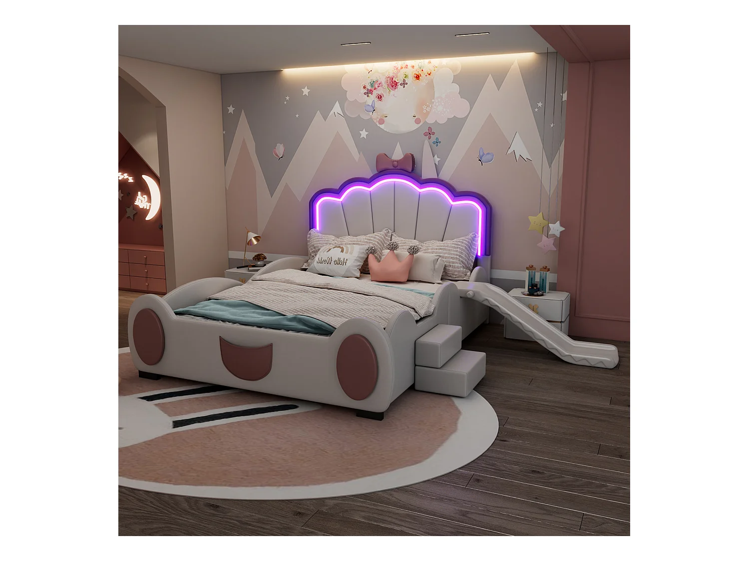 Lit enfant 140x200 cm papillon rose/blanc – LED multicolore avec télécommande, toboggan, échelle, PU