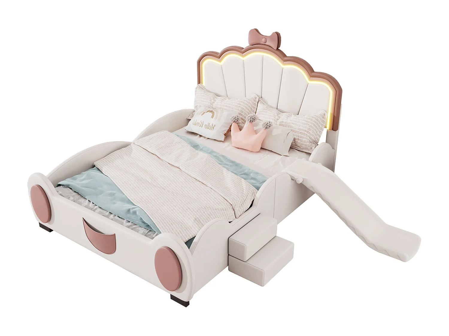 Lit enfant 140x200 cm papillon rose/blanc – LED multicolore avec télécommande, toboggan, échelle, PU