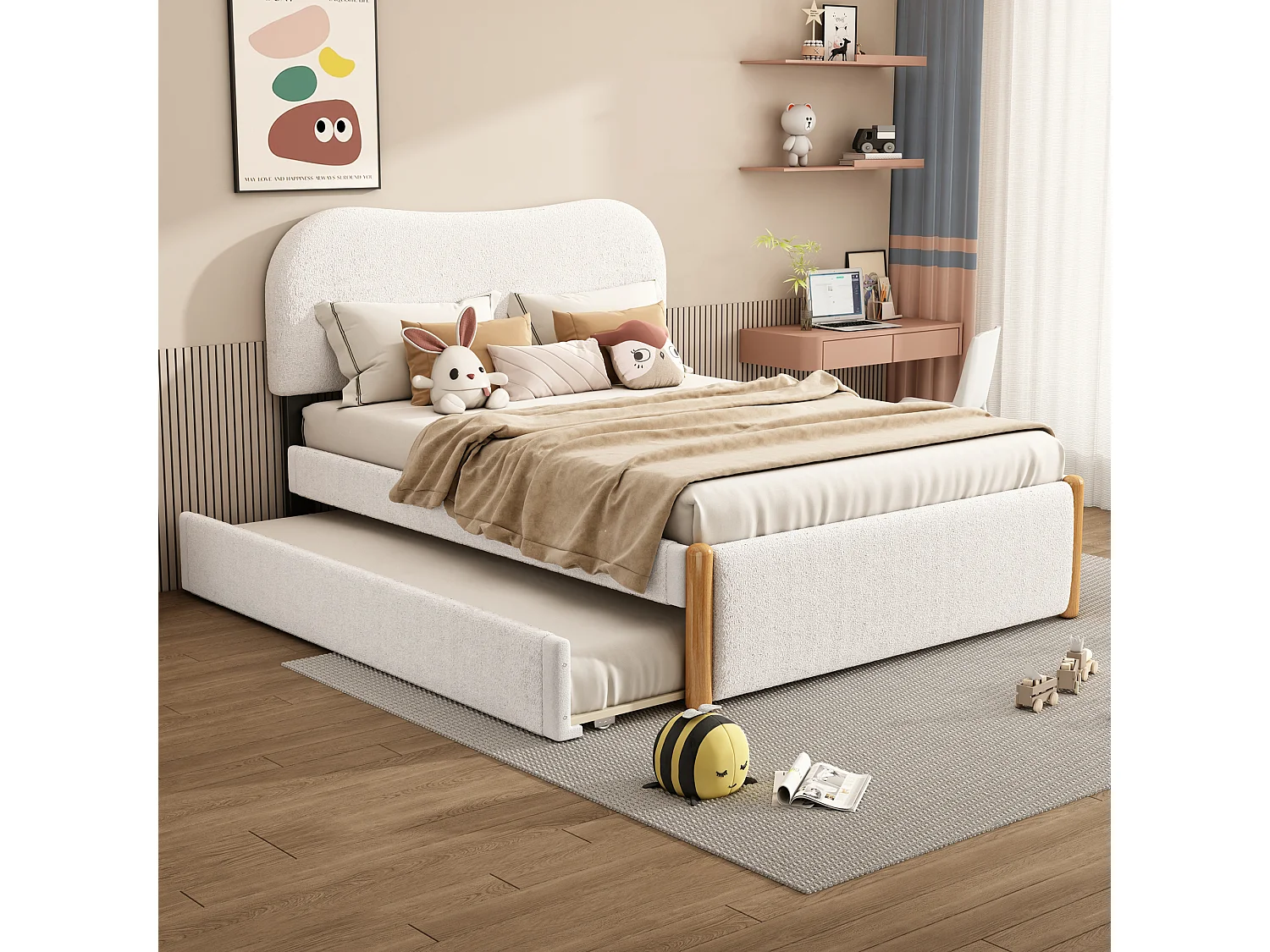 Vlak bed 140x200 cm wit – Gestoffeerd tweepersoonsbed met geïntegreerd uitschuifbed, minimalistisch design