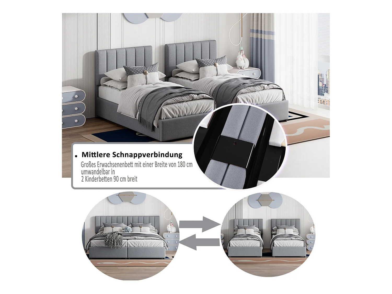 Letto contenitore idraulico 180x200 cm in lino grigio – Letto matrimoniale multifunzionale, tessuto altamente confortevole